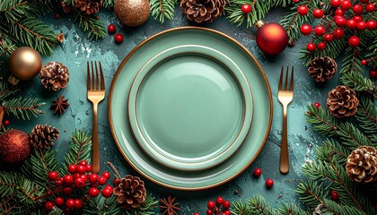 Elegant Christmas Table Setting with Teal Plates, Gold Cutlery, Pine Branches, Red Berries, and Ornaments. Perfect for Festive Holiday Dinners and Celebrations