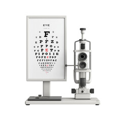 An ophthalmology instrument set against a stark backdrop, featuring a classic eye chart and a precise slit lamp