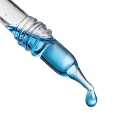 A close-up shot reveals a glass pipette with a vibrant drop of blue liquid ready to dispense, a symbol of scientific precision and medical advancement.