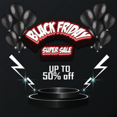 Black Friday super sale banner with balloon's and 3d font, can be used in discount announcement, online sale flyer design, sale announcement, advertising, Black Friday sale poster, vector art 