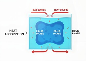 Diagram illustrating a Phase Change Material (PCM). Heat absorption causes the inner solid phase to melt into a liquid phase, showing thermal energy storage and release principles.