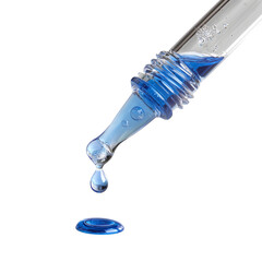 a close-up image showing a transparent pipette dispensing a vibrant blue liquid, with a single drop falling gracefully and creating a perfect circle on the surface