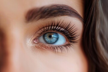 Fototapeta premium Close up of beautiful woman with long eyelashes and blue eye makeup, showcasing perfect skin and eyebrow shape