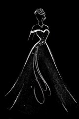Chalk Wedding Dress. Vintage Hand-drawn Illustration of Beautiful Bride in Elegant Evening Gown