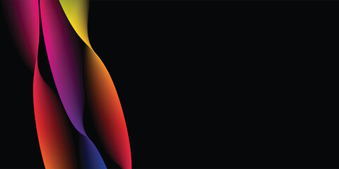 Black background with colorful abstract waves. Minimalist geometric colorful light background abstract design.