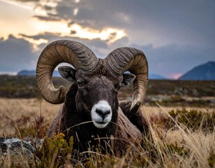 Majestic ram resting in golden meadow