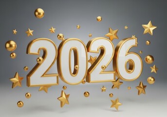 Golden 2026 numbers with stars and spheres on a gray background