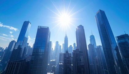 Obraz premium Radiant sun over a modern city skyline, with towering skyscrapers against a clear blue sky, from a dramatic low-angle, showcasing urban architectural prowess
