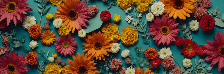 Fototapeta premium A vibrant and cheerful flat lay of various colorful flowers, including daisies and roses, scattered across a rich turquoise background, evoking summer and joy