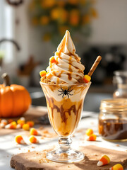A realistic photo of a Halloween-themed ice cream sundae with spooky toppings