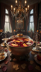 A realistic photo of a Halloween-themed punch bowl with floating citrus slices
