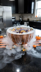A realistic photo of a Halloween-themed punch bowl with floating citrus slices