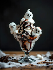 A realistic photo of a Halloween-themed ice cream sundae with spooky toppings