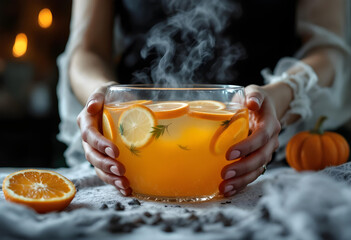 A realistic photo of a Halloween-themed punch bowl with floating citrus slices