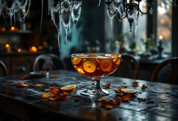 A realistic photo of a Halloween-themed punch bowl with floating citrus slices