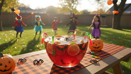 A realistic photo of a Halloween-themed punch bowl with floating citrus slices