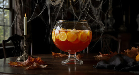 A realistic photo of a Halloween-themed punch bowl with floating citrus slices
