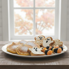 A beautifully styled, realistic photo of a Halloween-themed brunch platter