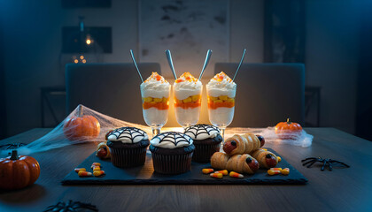 A beautifully styled, realistic photo of a Halloween-themed brunch platter
