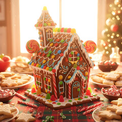 A brightly lit, professional photo of a haunted house gingerbread cookie, cheerfully decorated with colorful candies