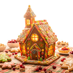 A brightly lit, professional photo of a haunted house gingerbread cookie, cheerfully decorated with colorful candies