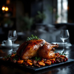 A cinematic close-up of a perfectly roasted turkey