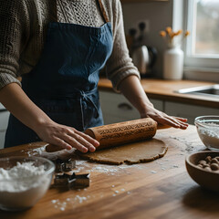 A cinematic photo of a woman's hands rolling out gingerbread dough with a rustic wooden rolling pin