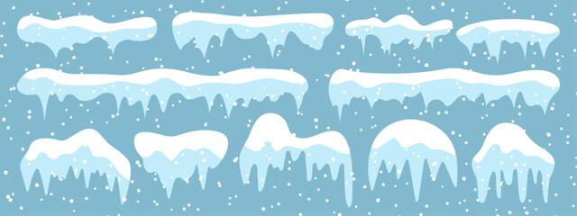 Set of snowy icicles, snow caps vector winter elements © Anastasiia