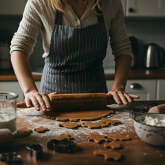 A cinematic photo of a woman's hands rolling out gingerbread dough with a rustic wooden rolling pin