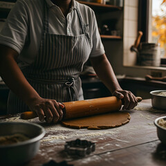 A cinematic photo of a woman's hands rolling out gingerbread dough with a rustic wooden rolling pin