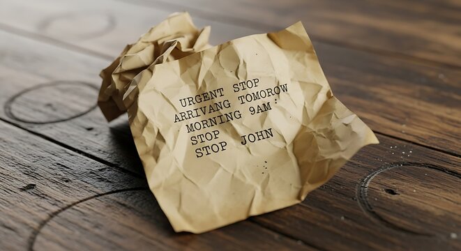 Crumpled Note on Wooden Surface with Urgent Message.