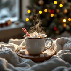 A cinematic shot of a mug of steaming hot cocoa with realistic marshmallows and a candy cane, with a warm glow from a fireplace