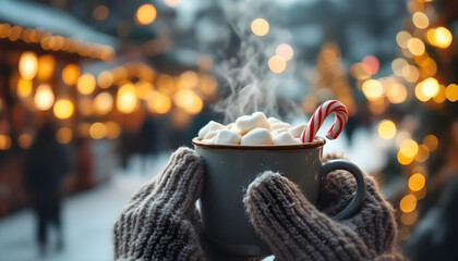 A cinematic shot of a mug of steaming hot cocoa with realistic marshmallows and a candy cane, with a warm glow from a fireplace