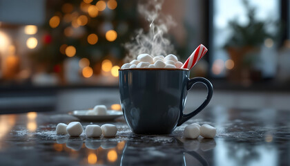 A cinematic shot of a mug of steaming hot cocoa with realistic marshmallows and a candy cane, with a warm glow from a fireplace