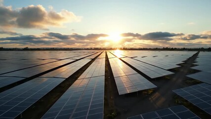 Solar panels arranged in rows collect sunlight during sunrise, showcasing beautiful sky with clouds. Expansive landscape highlights renewable energy concept, sustainable development, green technology - Powered by Adobe