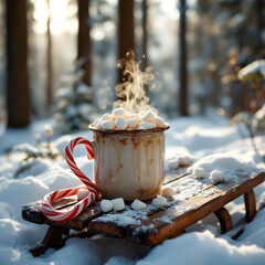 A cinematic shot of a mug of steaming hot cocoa with realistic marshmallows and a candy cane, with a warm glow from a fireplace