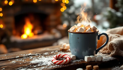 A cinematic shot of a mug of steaming hot cocoa with realistic marshmallows and a candy cane, with a warm glow from a fireplace