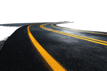 Winding asphalt road at night, highlighted by yellow lines and car lights
