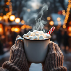 A cinematic shot of a mug of steaming hot cocoa with realistic marshmallows and a candy cane, with a warm glow from a fireplace