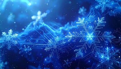 A captivating blend of winter's charm and digital innovation, featuring luminous blue snowflakes intertwined with intricate circuit board patterns, evoking a frosty technological dreamscape