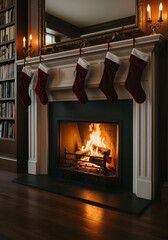 A cinematic, low-angle shot of a lit fireplace with stockings hanging on the mantle and a crackling fire