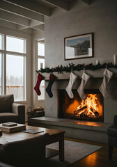A cinematic, low-angle shot of a lit fireplace with stockings hanging on the mantle and a crackling fire