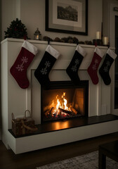 A cinematic, low-angle shot of a lit fireplace with stockings hanging on the mantle and a crackling fire