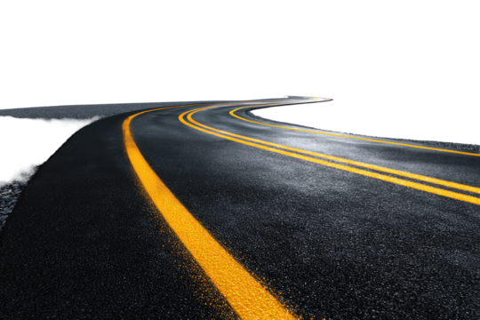 Winding asphalt road at night, highlighted by yellow lines and car lights