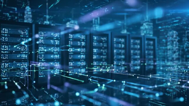 The digital data streams flow within the data center, as the data interacts with interconnected servers. The blue light highlights the servers and showcases the complex network.