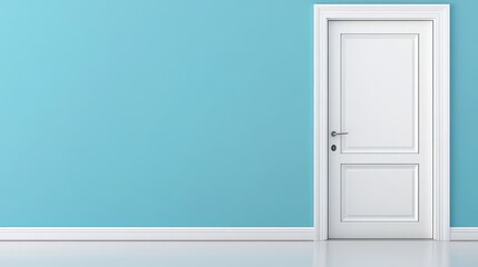 Bright Future Concept Realistic Clean Modern Door in White Interior with Soft Blue Decorative Wall