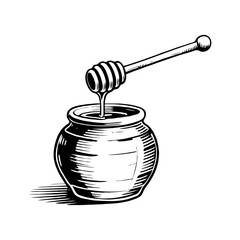Hand-drawn honey dipper dripping into a jar, vintage engraving style, on a white background. Concept of natural sweet food and beekeeping