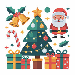 Santa Claus stands near a decorated Christmas tree with gifts and bells, creating a festive holiday scene full of joy and cheer.