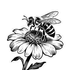 Hand-drawn black ink artwork of a bee on a flower, in engraving style, on white background. Concept of pollination and nature detail