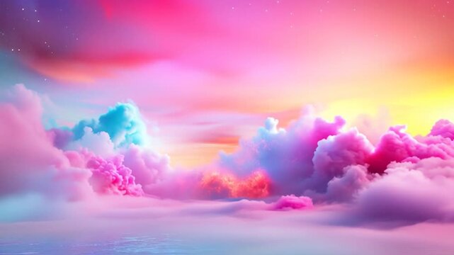 Clouds in shades of pink, purple, blue, and white drift gently across the sky, creating a dreamy and magical display.
